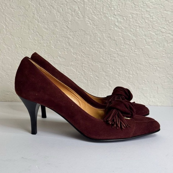 HERMES Brown SUEDE PUMPS SHOES HEELS tasseled bow Size 35 - Picture 1 of 10